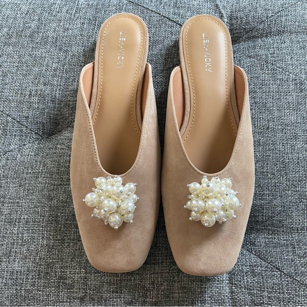 Tan Mules with Pearl Embellishment and Square Toe